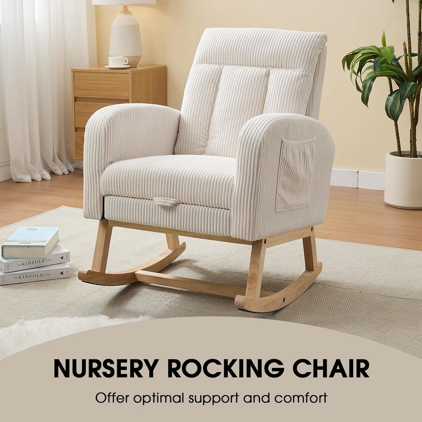 NIOIIKIT Nursery Rocking Chair, Corduroy Upholstered Rocking Chair with Adjustable Footrest, Tufted Rocker Chair with Side Pocket, Glider Rocker for Living Room, Bedroom (Cream Retro)