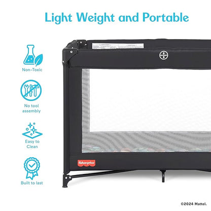Dream On Me Fisher-Price Play All Day Portable Playard, ASTM Certified, Ideal for Babies & Toddler, One-Hand Fold, Breathable Mesh, Travel Playard with Carry Bag, Easy to Clean - Black