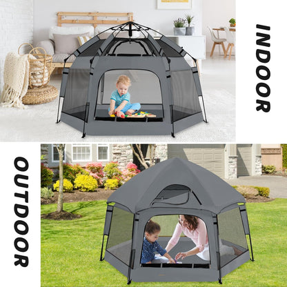 Instant Pop Up Baby Playpen with UV Canopy & Safety Lock, Portable Outdoor Beach Tent Play Yard for Toddlers, Breathable Mesh & Carry Bag, Indoor & Backyard Use (Orange)