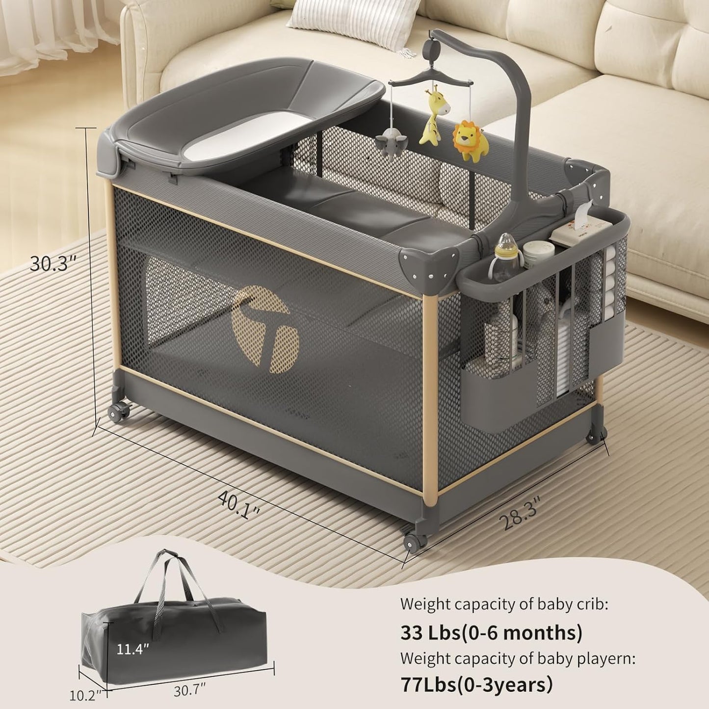4-in-1 Pack and Play with Bassinet, Bedside Sleeper, Playard, and Changing Table, Folding Travel Crib with Musical Toy Rack & Bag, 4-Level Height Adjust, Newborn to Toddler（Ivy Gray）