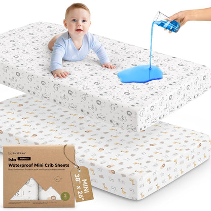 2-Pack Waterproof Pack and Play Sheets, Mini Crib Sheets Fitted for Boy, Girl - 38 x 26 Viscose from Bamboo Pack N Play Mattress Sheets for Graco, Toddler Playard Baby Crib Sheets Neutral (Blue Flax) - Colors B
