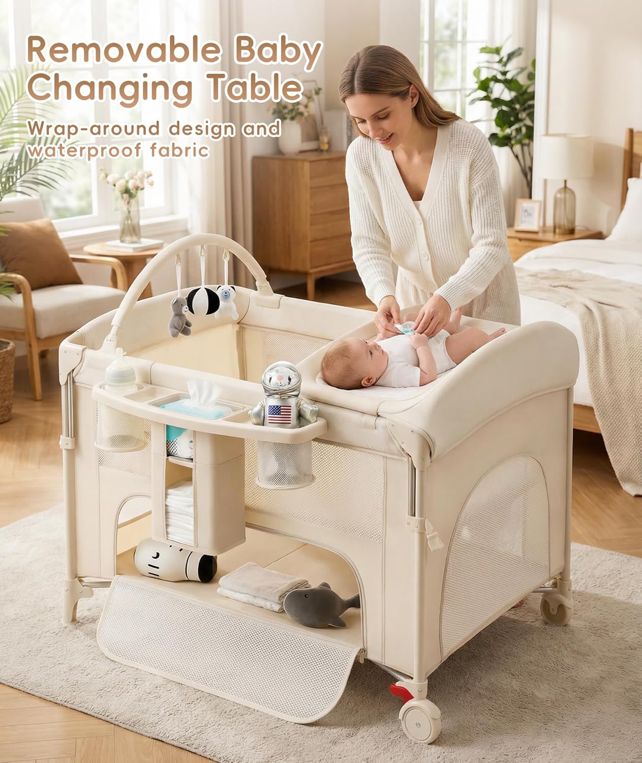 4 in 1 Baby Bassinet Bedside Crib with One-Hand Setup & Waterproof Mattress – ASTM-Certified Pack and Play, Portable Foldable Playard with Diaper Changer for Newborn to Toddler(Black)
