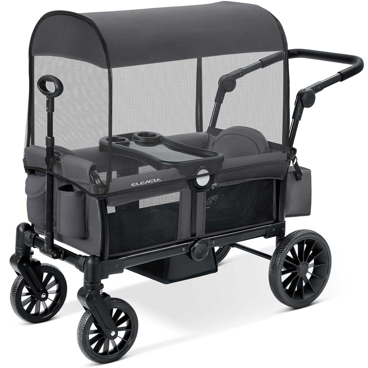 ELEMARA Stroller Wagon, 2 Seat Stroller for 2 Kids, Premium All Terrain Stroller for Kids w/Removable Canopy, Adjustable Push/Pull Handle, Large Storage Bag, Black