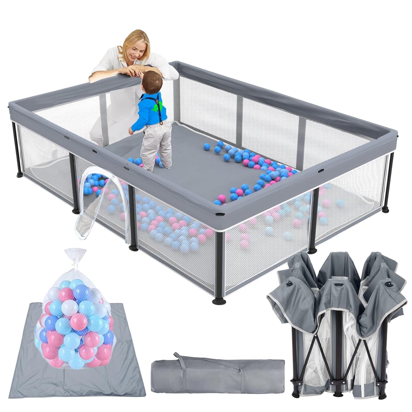 TOREVSIOR Foldable Baby Playpen with Mat, 50"×50" Collapsible Play Pen for Babies and Toddlers, Indoor & Outdoor Kids Safety Play Pen, Portable Play Yard, Foldable Baby Playpen with 50 Ocean Balls