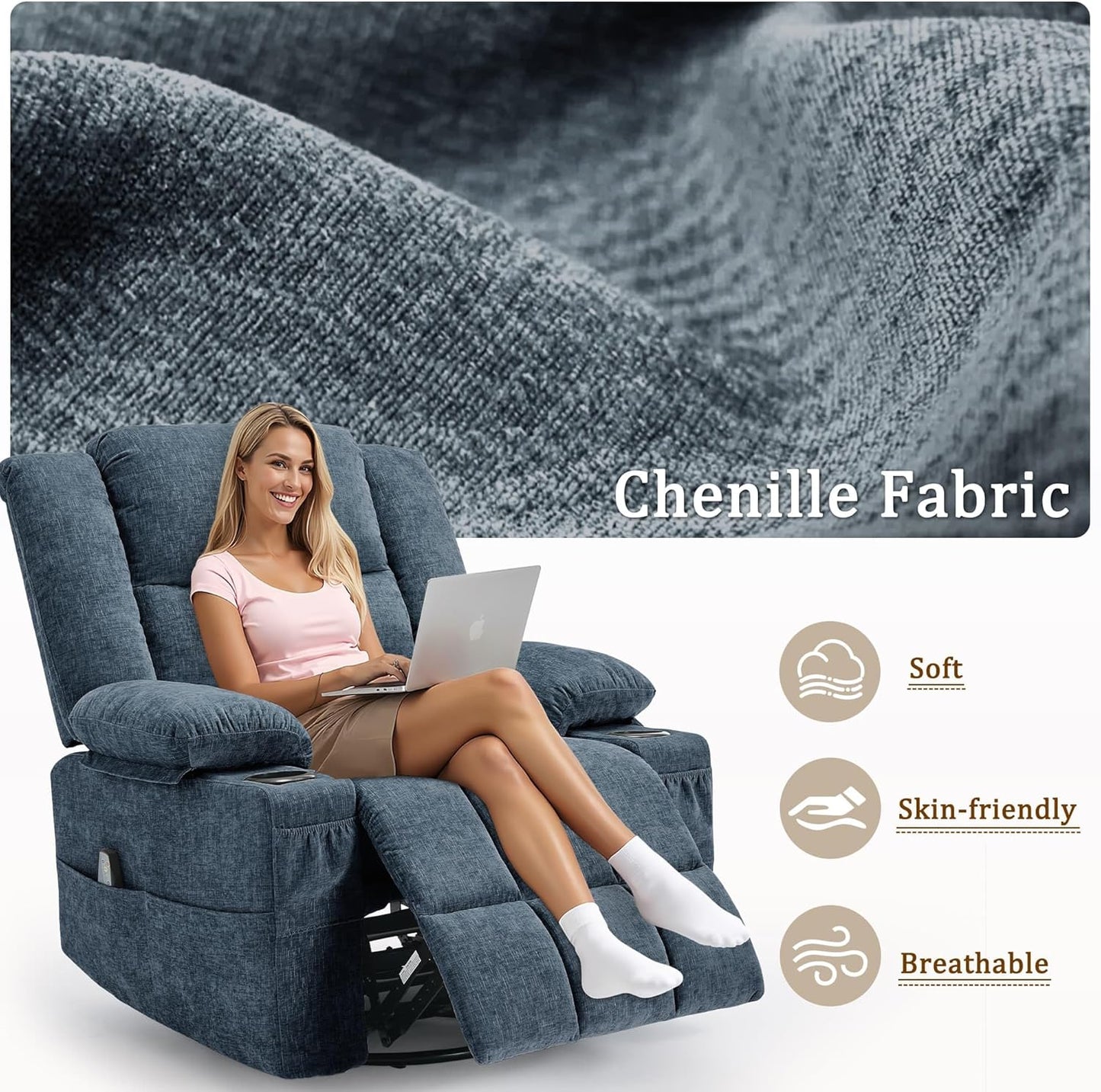 Korser 360° Swivel Rocker Recliner for Adults, Nursery Glider Recliner with Massage and Heating, Rocking Chair with Cup Holder, Manual Recliner Chair for Living Room, Bedroom (Fabric, Beige)