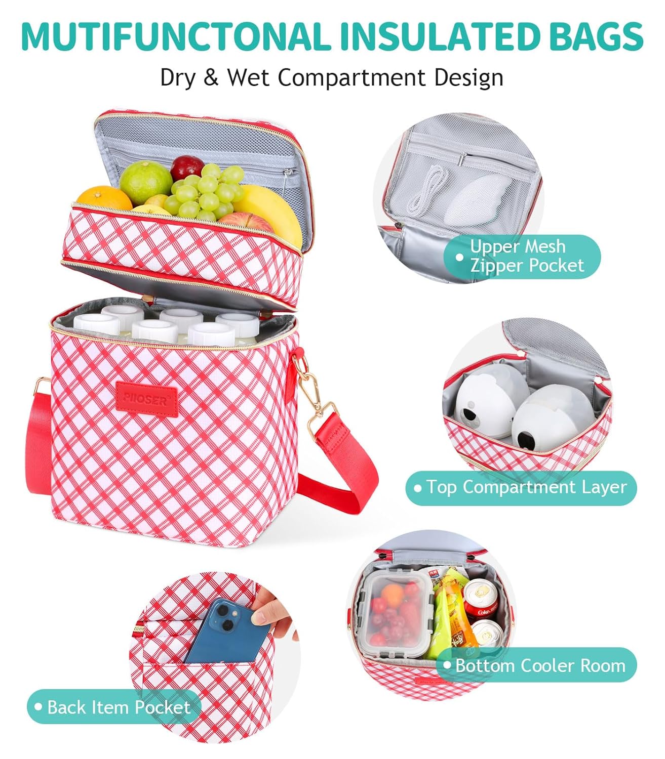 PIIOSER Breastmilk Cooler Bag with Ice Pack Fits 6 Baby Bottles Up to 9 Ounce, Insulated Baby Bottle Tote Bags, Double Layer Waterproof Leak-Proof with Shoulder Strap for Nursing & Working Mom (Grey)