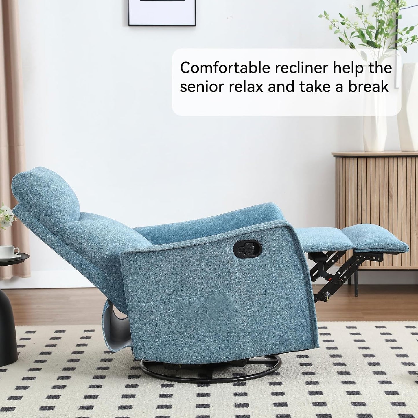 Swivel Rocker Recliner Chair for Adults, Nursery Rocking Chair with Heat and Massage, Glider Reclining Chair for Small Space Living Room Bedroom, Faux Leather Black