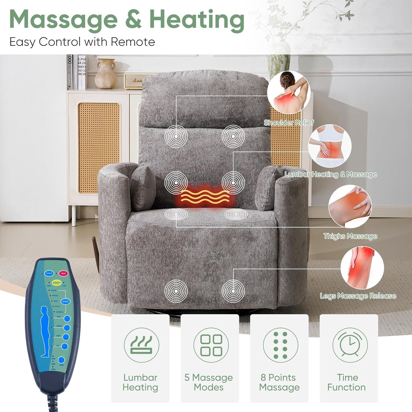 Oversized Swivel Rocker Recliner Chair with Heat and Massage, Rocking Chair with Adjustable Headrest, Manual Recliner, Glider Recliner with 2 Pillows, Chenille White