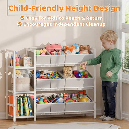 CODACE Kids Toy Organizers and Storage - Toy Shelf for Playroom， Kids Room and Living Room Organization, Toddler Toy Bins for Kids Organizer，Kids Bookshelf and Toy Storage, White, Easy to Assemble