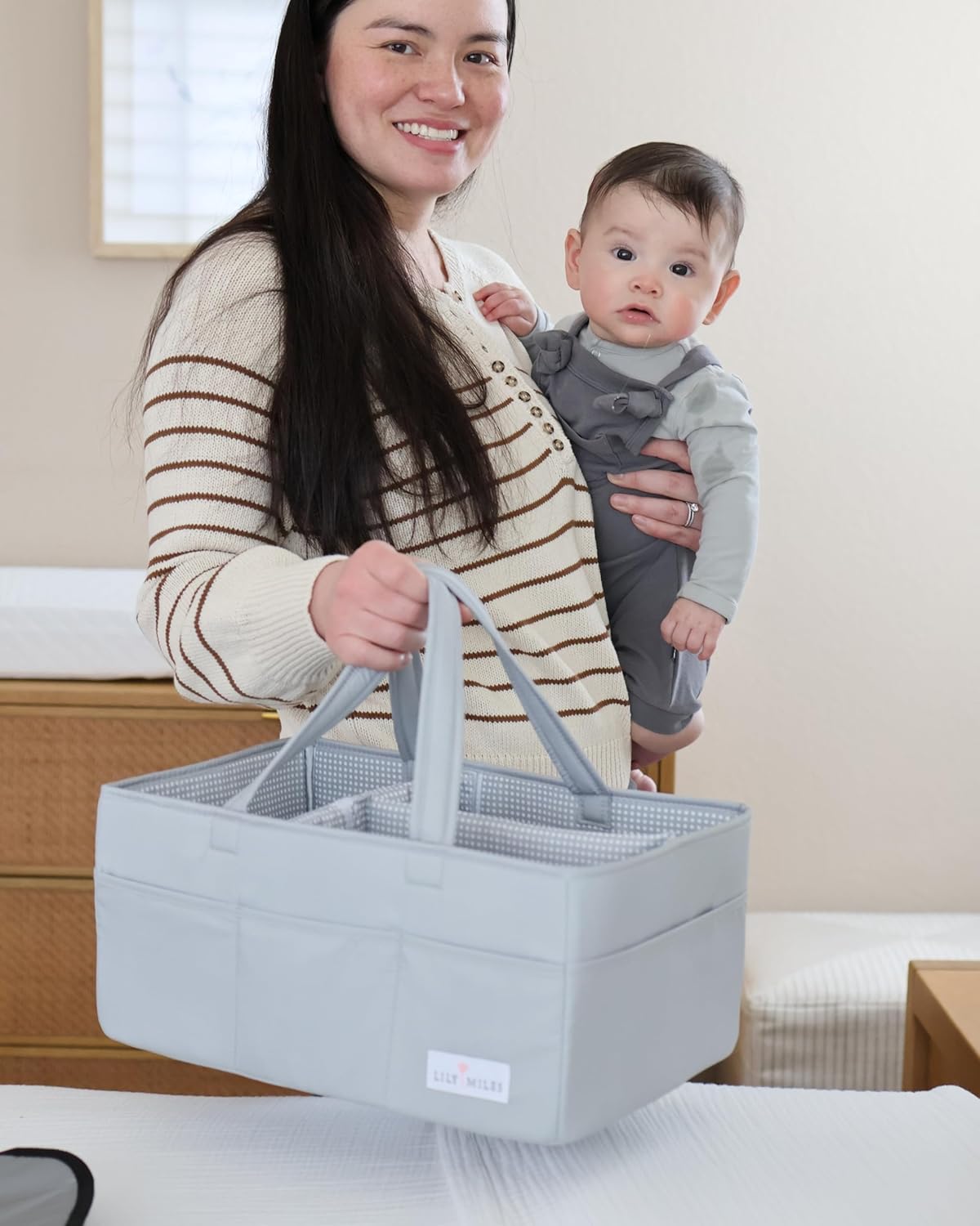 Lily Miles Baby Diaper Caddy Organizer - Large Tote Bag for Newborn essentials Boy or Girl - Baby Shower Basket - Nursery Must Haves - Registry Favorites - Newborn Caddie Car Organizer