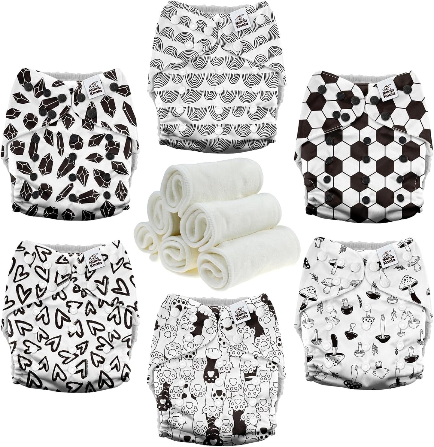 Mama Koala 3.0 Pocket Cloth Diapers for Babies with AWJ Lining, 6 Pack with 6 4-Layer Natural Cloth Diaper Inserts - Reusable and Washable Pocket Diapers(Hardworking Bees) - Colors A
