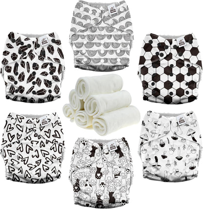 Mama Koala 3.0 Pocket Cloth Diapers for Babies with AWJ Lining, 6 Pack with 6 4-Layer Natural Cloth Diaper Inserts - Reusable and Washable Pocket Diapers(Hardworking Bees) - Colors A