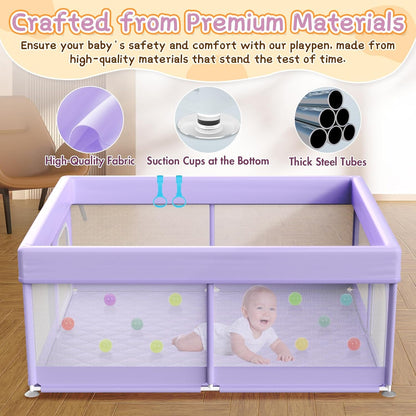 Baby Playpen with Mat - 79"x71" Extra Large Play Pens for Babies and Toddlers Indoor Safety Baby Fence with Soft Breathable Mesh - All-Wrapped Sponge Sturdy Play Yard with Handle & Bag Purple