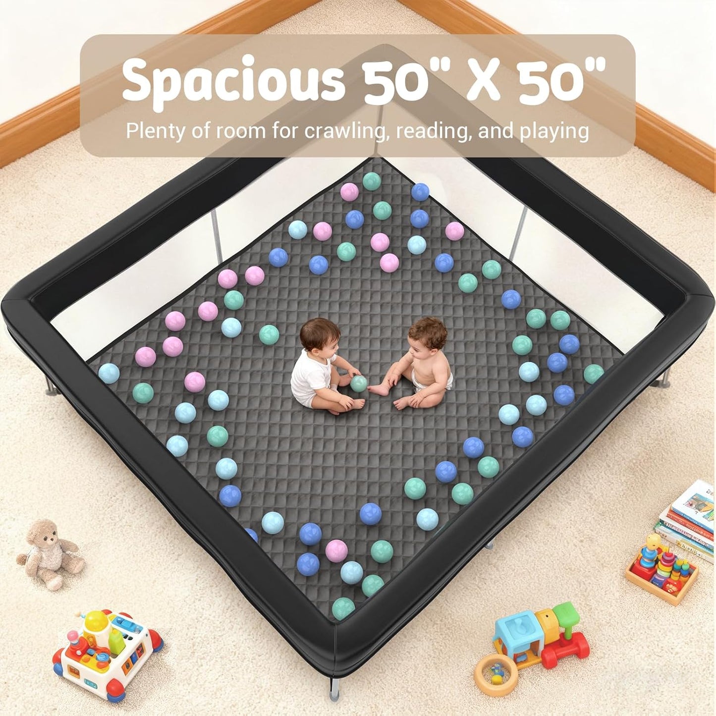 Foldable Baby Playpen, 50"×50" Collapsible Play Yard for Babies and Toddlers, No Assembly Required, Kids Safety Play Area with 4 Handles, 50 Balls and Visible Mesh, Black