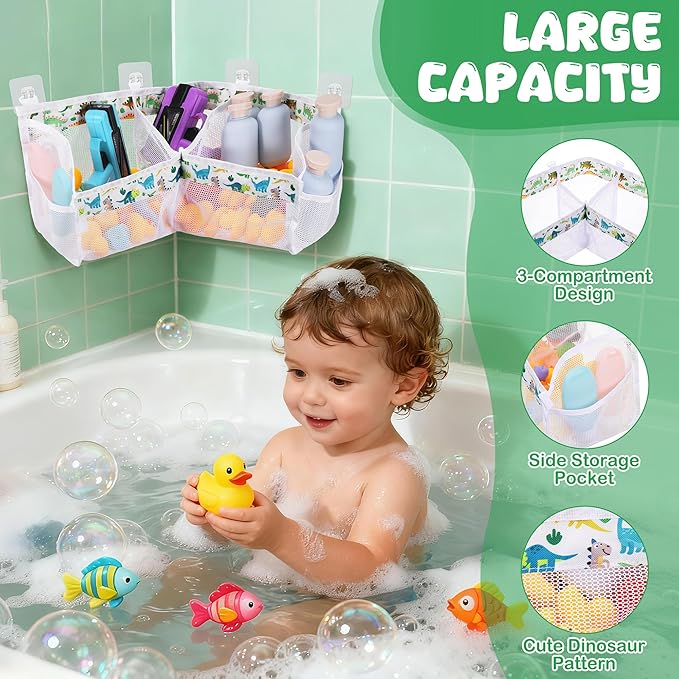 Bath Toy Storage Organizer, 3 Compartment Corner Bath Toy Holder for Tubs, Large Capacity & Quick-Drying Mesh - 4 Strong Adhesive Hooks for Easy Access