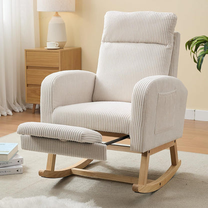 NIOIIKIT Nursery Rocking Chair, Corduroy Upholstered Rocking Chair with Adjustable Footrest, Tufted Rocker Chair with Side Pocket, Glider Rocker for Living Room, Bedroom (Cream Retro)
