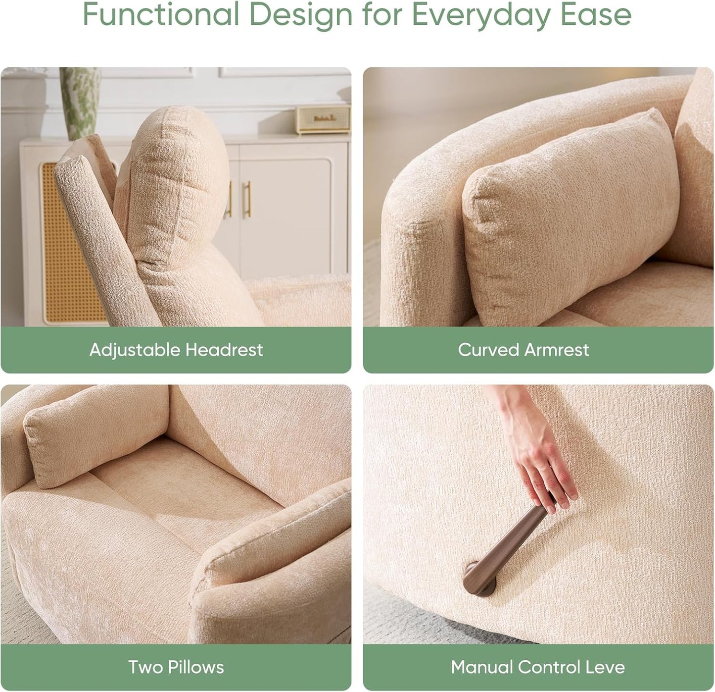 Oversized Swivel Rocker Recliner Chair with Heat and Massage, Rocking Chair with Adjustable Headrest, Manual Recliner, Glider Recliner with 2 Pillows, Chenille White