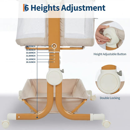 Garvee 3-in-1 Baby Bassinet, Bedside Sleeper for Newborn, 6 Height Adjustable, Full Mesh Breathable Side, Lockable Wheels, Large Storage, Portable Rocking Crib for Night Feeding, ASTM & CPC Certified