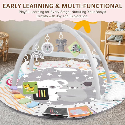 Baby Play Gym & Activity Mat, Tummy Time Mat with Cloud Toy, 7 Detachable Sensory Toys and Educational Cards for Motor Skills & Sensory Development, Baby Essentials Shower Gift, Grey Koala