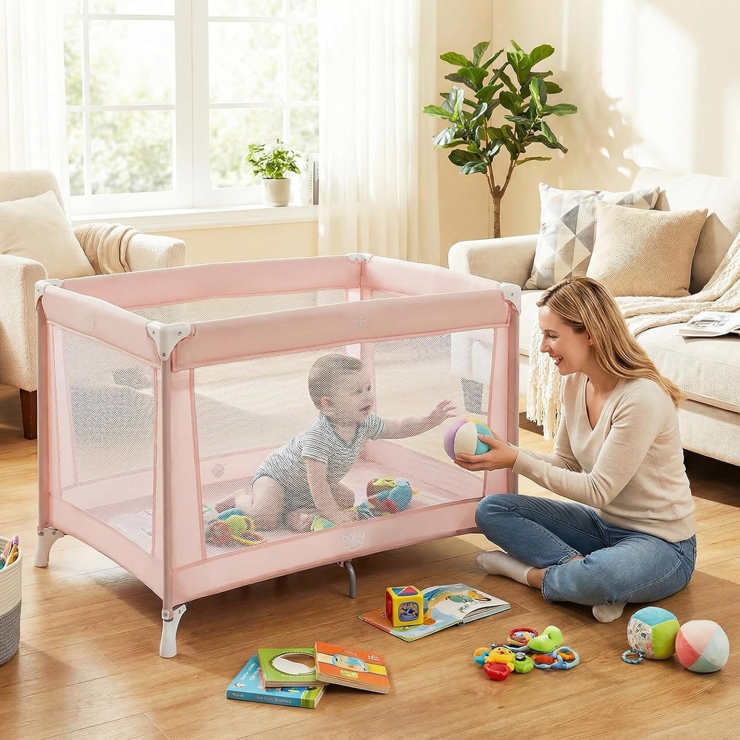 BABY JOY 3 in 1 Pack and Play, Portable Baby Playard with Bassinet, Changing Table, Lockable Wheels, Glowing Music Box, Travel Baby Crib Bassinet Bed from Newborn to Toddler