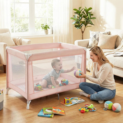 BABY JOY 3 in 1 Pack and Play, Portable Baby Playard with Bassinet, Changing Table, Lockable Wheels, Glowing Music Box, Travel Baby Crib Bassinet Bed from Newborn to Toddler