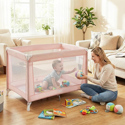 BABY JOY Pack and Play with Bassinet, Portable Playard for Baby, Double Layer Foldable Baby Playpen with Mattress, Lightweight Pink Travel Crib with Bassinet & Carry Bag from Newborn to Toddlers
