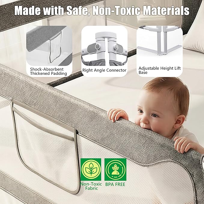 King Size Baby Bed Rail Guard – Extra Tall Safety Bedside Rail with Headboard Rod for Toddlers, Adjustable No-Gap Design, 3 Panels (2×78.7″ + 1×74.8″), Gray + Light Blue