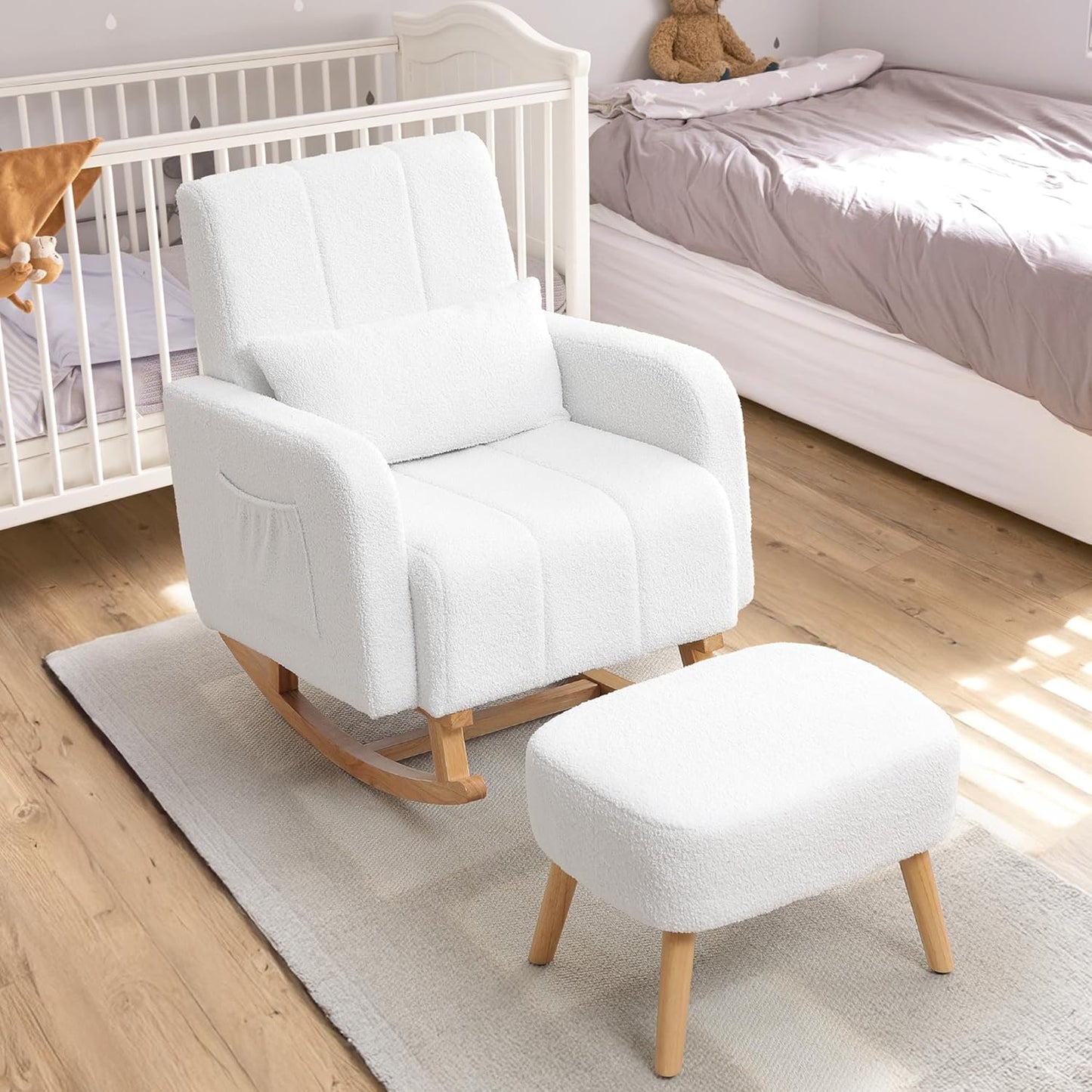 HCHAIRH Nursery Rocking Chair with Ottoman, Upholstered Glider Rocker with High Backrest Side Pocket, Rocking Accent Armchair with Solid Wood Legs for Nursery, Living Room, Bedroom, Light Grey