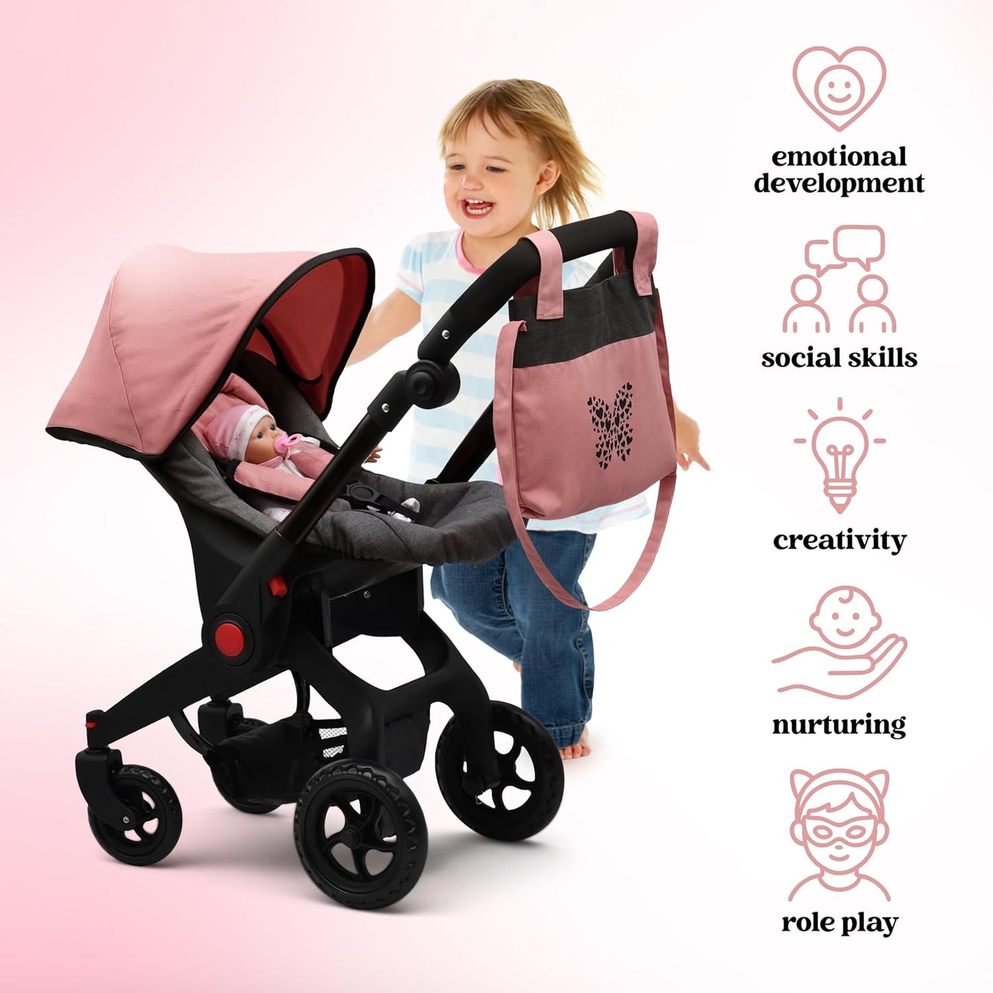 Baby Doll Convertible Travel Stroller for Girls Toddler Play Toy Car Seat Two in One Foldable Carriage for Kids with Diaper Bag Pretend Play Stroller for Doll
