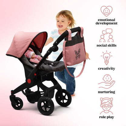 Baby Doll Convertible Travel Stroller for Girls Toddler Play Toy Car Seat Two in One Foldable Carriage for Kids with Diaper Bag Pretend Play Stroller for Doll
