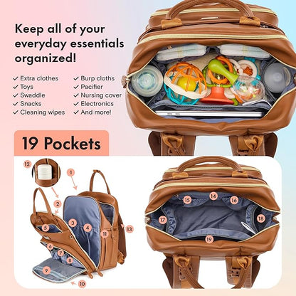 Dikaslon Leather Diaper Bag Backpack with Portable Changing Pad, Pacifier Case and Stroller Straps, Large Unisex Baby Bags for Boys Girls, Multipurpose Travel Back Pack for Moms Dads, Dark Brown