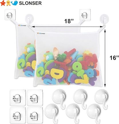Bath Toy Net for Tub – Large Bath Toy Storage, Mesh Bath Toy Holder for Bathtub, Quick Dry Bathroom Bag for Kids Shower, Hanging Basket Organizer with Strong 6 Suction Cups 4 Adhesive Hooks, 2 Pack