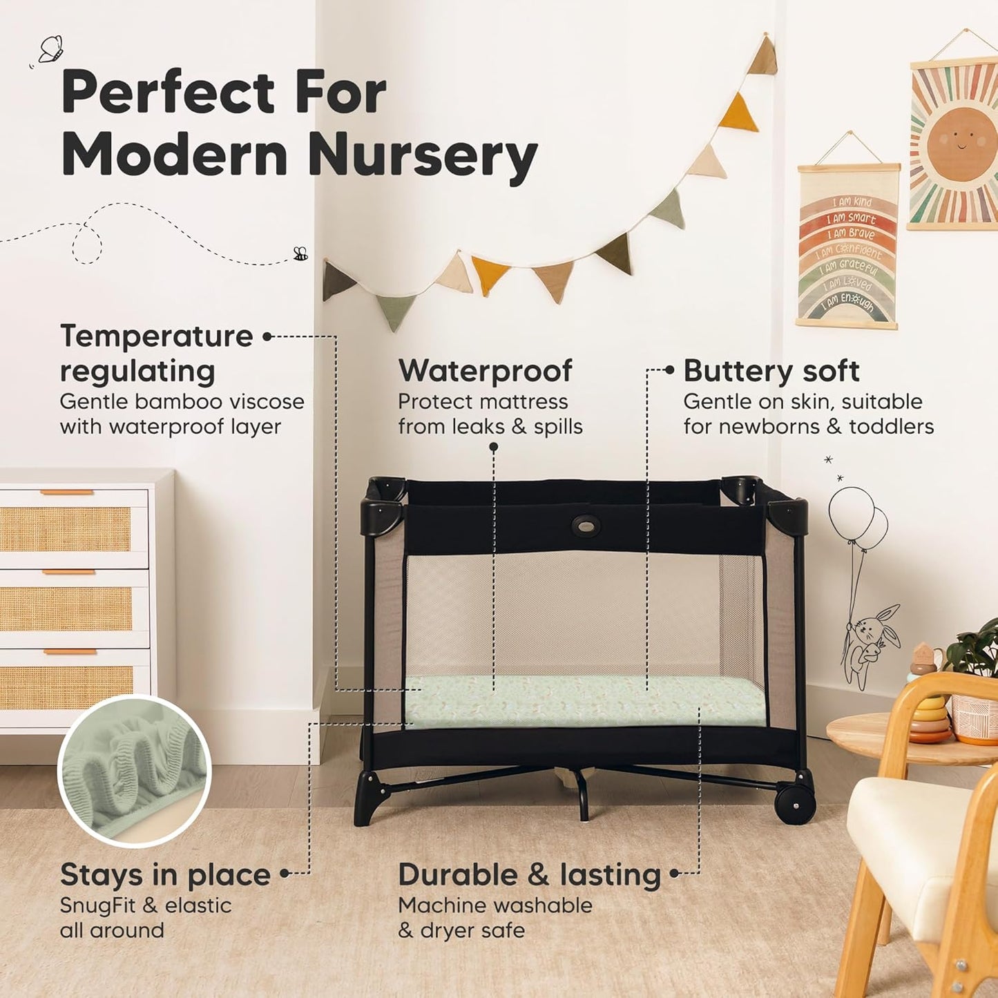 2-Pack Waterproof Pack and Play Sheets, Mini Crib Sheets Fitted for Boy, Girl - 38 x 26 Viscose from Bamboo Pack N Play Mattress Sheets for Graco, Toddler Playard Baby Crib Sheets Neutral (Blue Flax) - Colors A