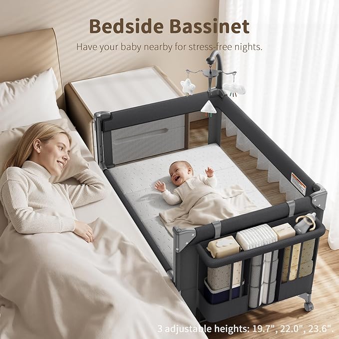 GAIVE 4 in 1 Baby Bassinet, One-Push Setup Pack and Play, Bedside Crib Sleeper with 3 Height Adjustable，Diaper Changer, Come with Comfy Mattress, Rotating Toy Bar, from Infants to Toddlers (Black)