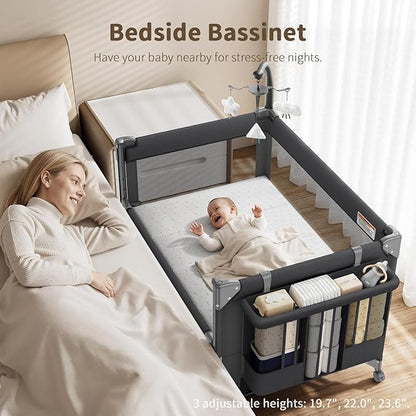 GAIVE 4 in 1 Baby Bassinet, One-Push Setup Pack and Play, Bedside Crib Sleeper with 3 Height Adjustable，Diaper Changer, Come with Comfy Mattress, Rotating Toy Bar, from Infants to Toddlers (Black)