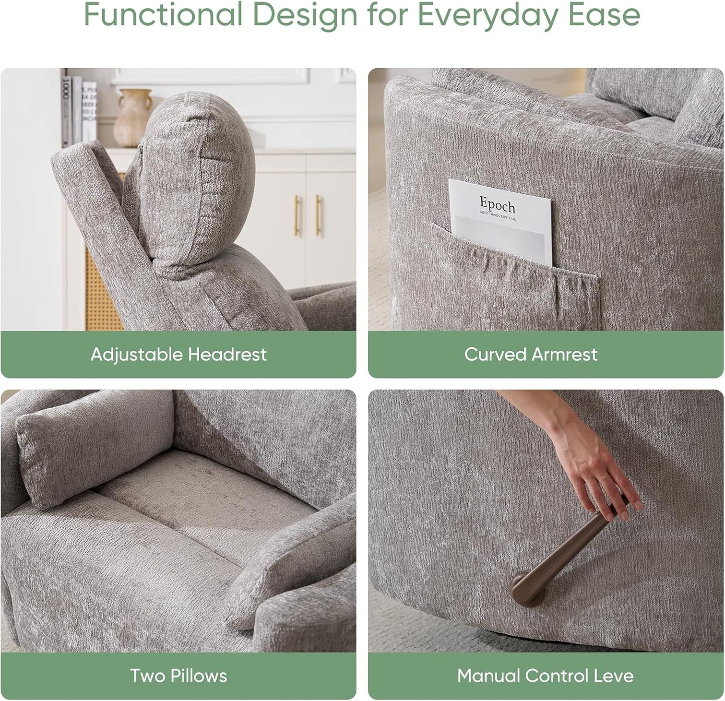 Oversized Swivel Rocker Recliner Chair with Heat and Massage, Rocking Chair with Adjustable Headrest, Manual Recliner, Glider Recliner with 2 Pillows, Chenille White