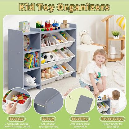 MallBest 4-Tier Kids' Toy Storage Organizer Shelf - 100% Solid Wood,Children's Storage Cabinet with 9 Plastic Bins and 3 Storage Ports(Grey-Single Color)