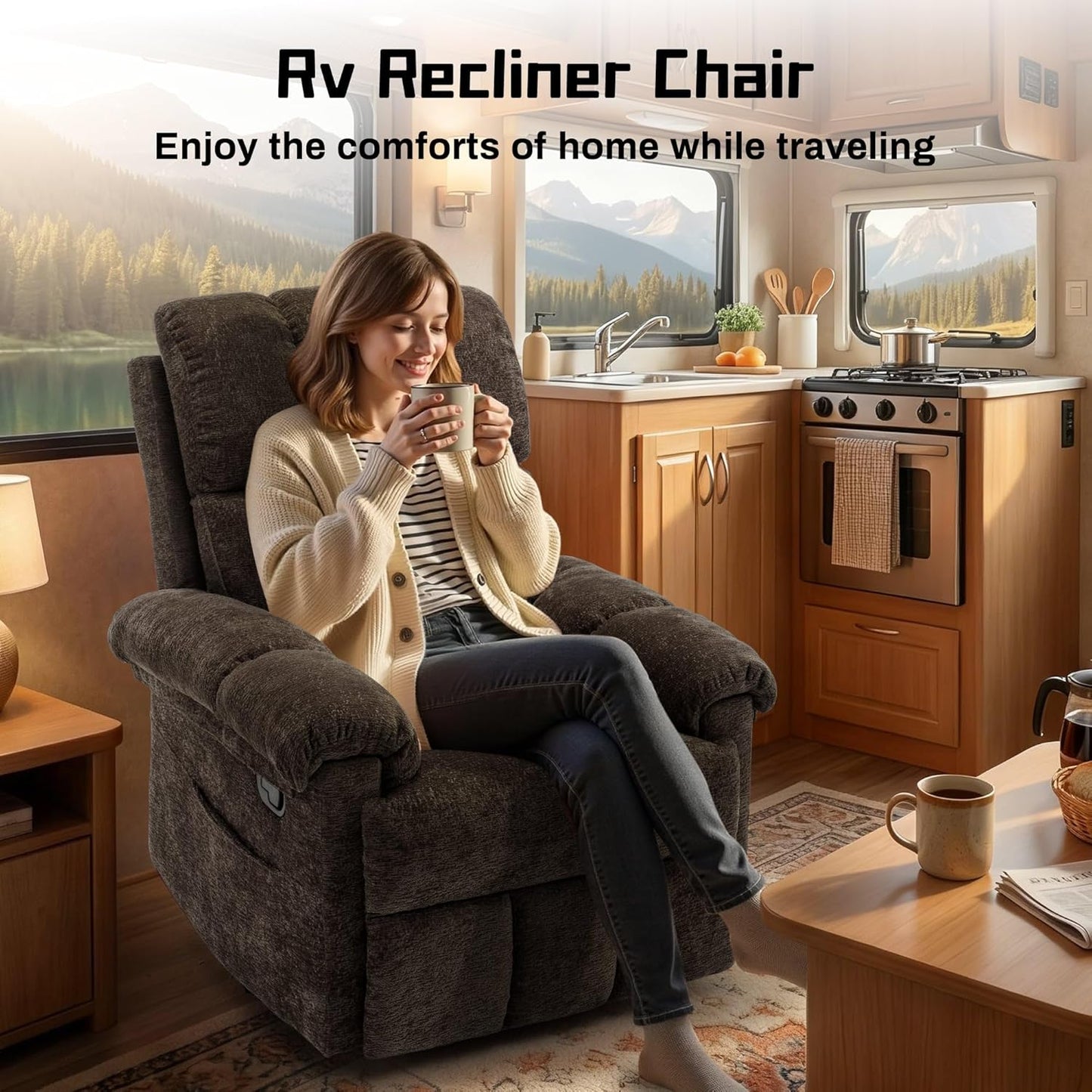 Korser Recliner Chair, Swivel Rocker Recliner Chair for Adults, Small Recliners for Small Spaces, Upholstered Manual Recliner with Side Pockets, Nursery Rocking Chair for Living Room, Chenille, Beige