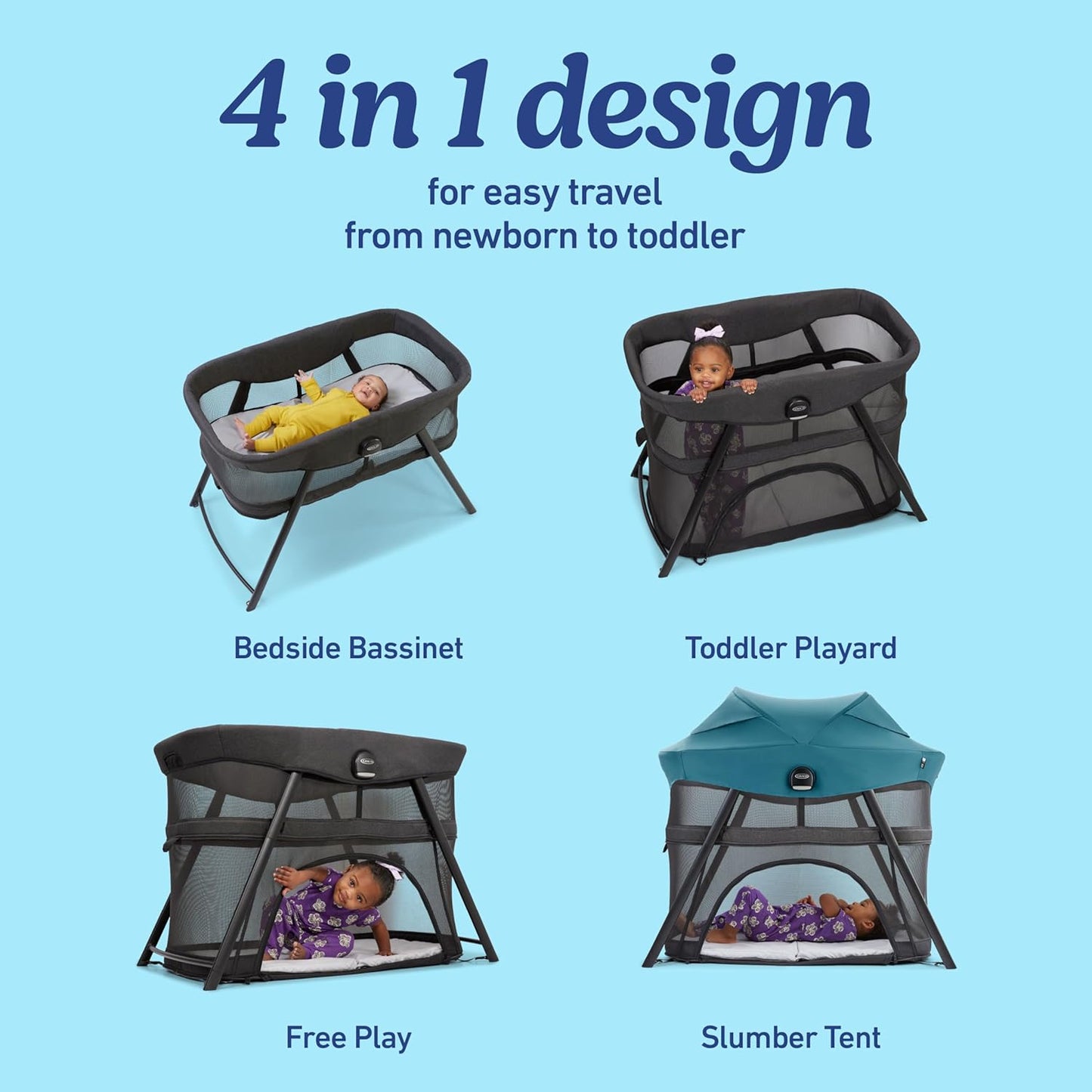 Graco® Lite Traveler 4 in 1 Playard with 4 Modes, Bedside Bassinet, Toddler Playpen, Free Play and Slumber Tent Mode, Lightweight Portable Playard with Canopy and Carry Bag