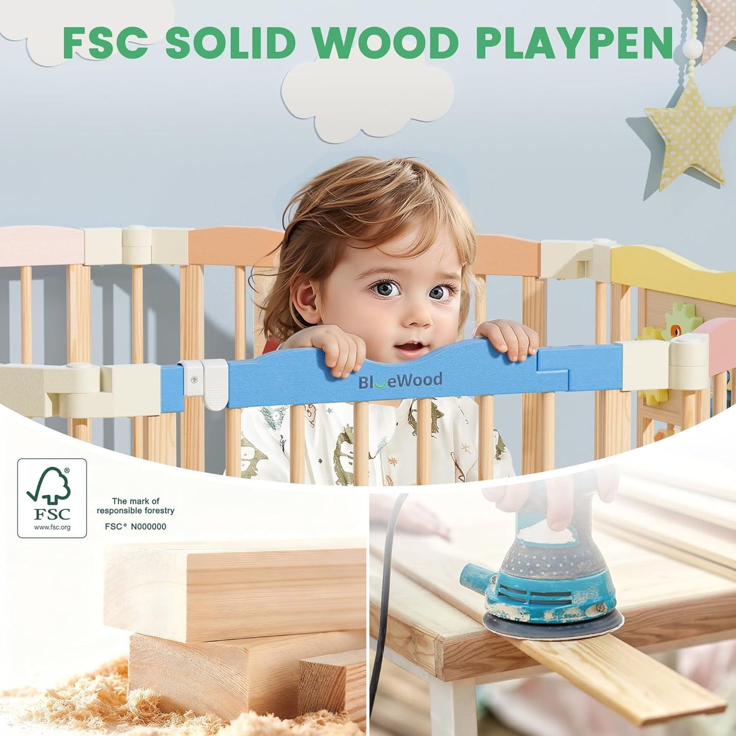 Foldable Wooden Playpen - Adjustable Wood Baby Play Yard with Child-Proof Lock, Indoor Large Safety Fence for Babies and Toddlers - Easy Assembly, 55 x 55 x 24 inches, Dino Land, Colorful