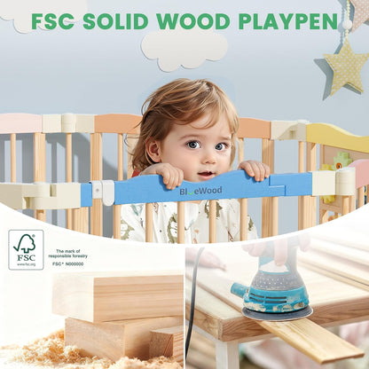 Foldable Wooden Playpen - Adjustable Wood Baby Play Yard with Child-Proof Lock, Indoor Large Safety Fence for Babies and Toddlers - Easy Assembly, 55 x 55 x 24 inches, Dino Land, Colorful