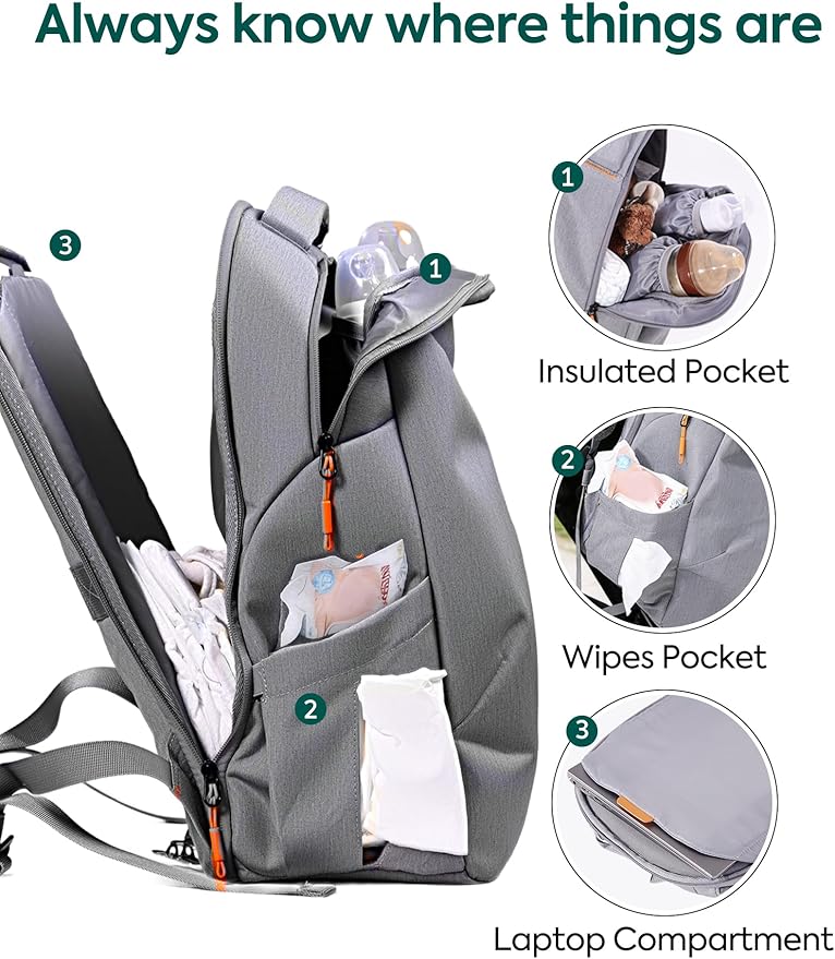 Babelio Grid Wizard Diaper Bag Backpack - Multi Function Waterproof Diaper Bag, Travel Essentials Baby Bag with Insulated Bottle Holders, Baby Shower Gifts, Grey