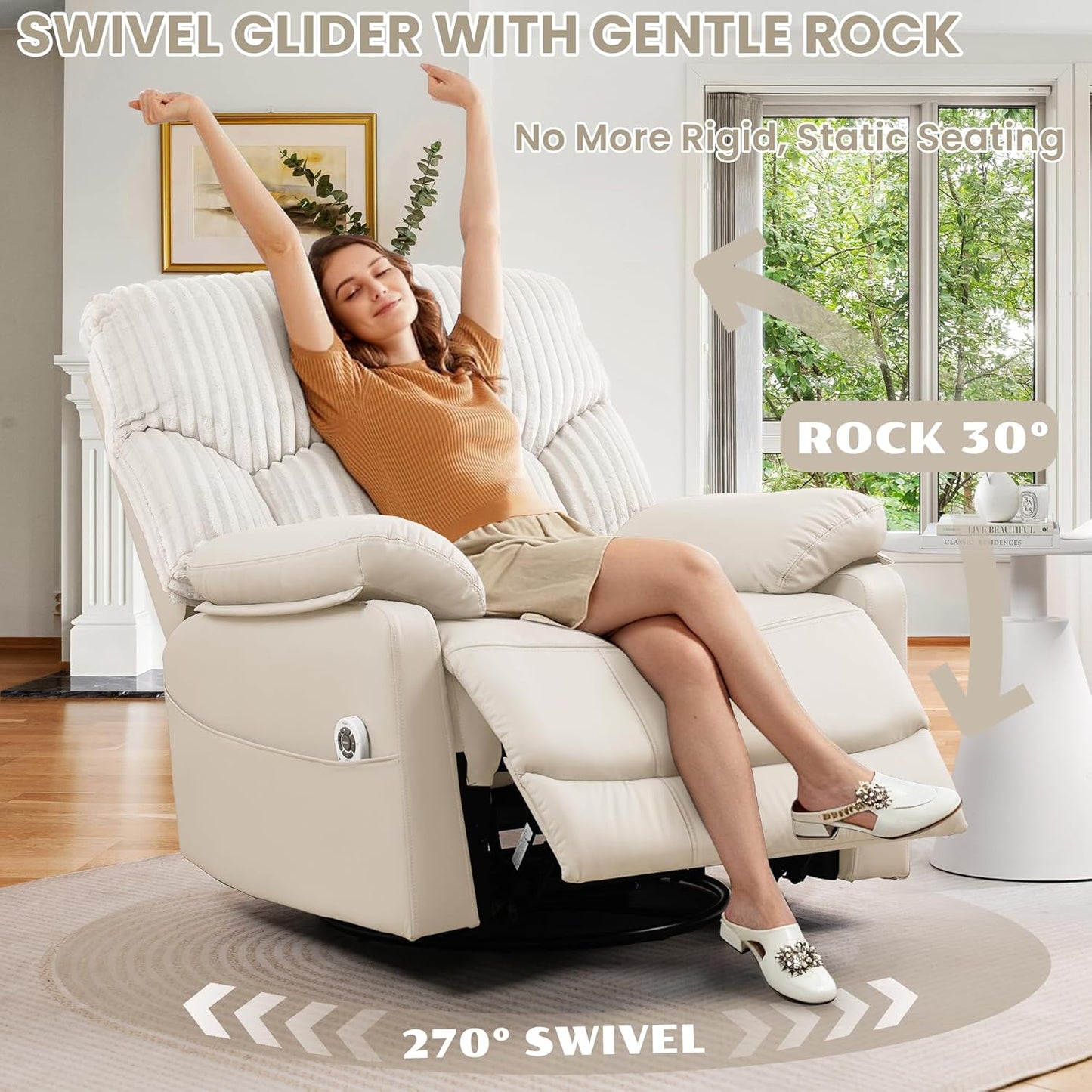 GRAINELL Oversize Power Swivel Recliner, 40in Wide Electric Glider Rocking Chair with Headrest Adjustment, USB Port, 270° Swivel, Rock 30° – for Living Room, Nursery, Black (5" 7' to 6" 1' Height)