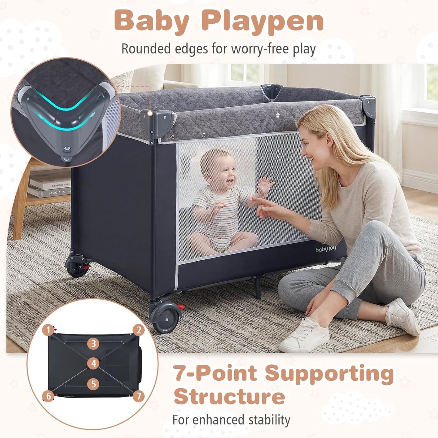 BABY JOY 3 in 1 Pack and Play, Travel Baby Crib Bassinet Bed with Bassinet, Changing Table with Safety Belt, Toy Bar, Lockable Wheels, Portable Baby Playard from Newborn to Toddler