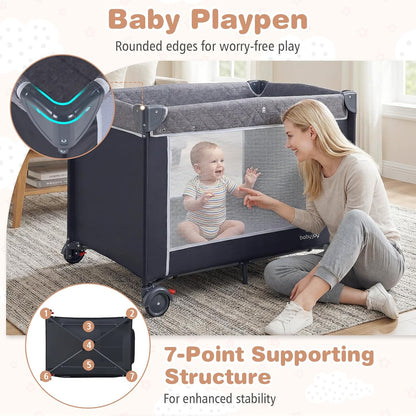BABY JOY 3 in 1 Pack and Play, Travel Baby Crib Bassinet Bed with Bassinet, Changing Table with Safety Belt, Toy Bar, Lockable Wheels, Portable Baby Playard from Newborn to Toddler