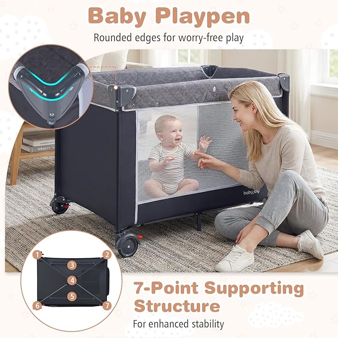 BABY JOY 3 in 1 Pack and Play, Travel Crib Bassinet Bed for Baby, Changing Table w/Safety Belt, Toy Bar, Lockable Wheels, Portable Baby Playard from Newborn to Toddler