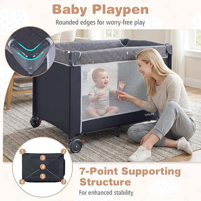 BABY JOY 3 in 1 Pack and Play, Travel Crib Bassinet Bed for Baby, Changing Table w/Safety Belt, Toy Bar, Lockable Wheels, Portable Baby Playard from Newborn to Toddler