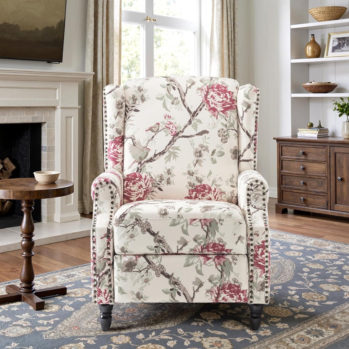 Swivel Rocker Recliner Chair, Manual Nursery Glider Recliner, Floral Fabric Wingback Accent Chair with Adjustable Backrest & Footrest for Small Spaces Living Room Bedroom (Plants Floral, Set of 1)