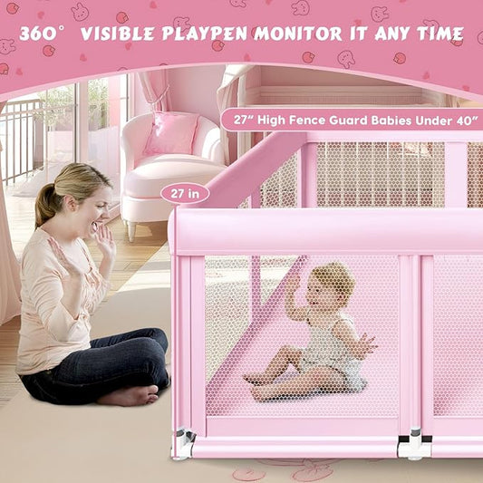 Fshibila 74" ×50" Large Baby Playpen, Baby Playard for Babies and Toddlers, Play Pens for Indoor & Outdoor, Sturdy Safety Play Yard with Soft Breathable Mesh, Anti-Fall, Pink