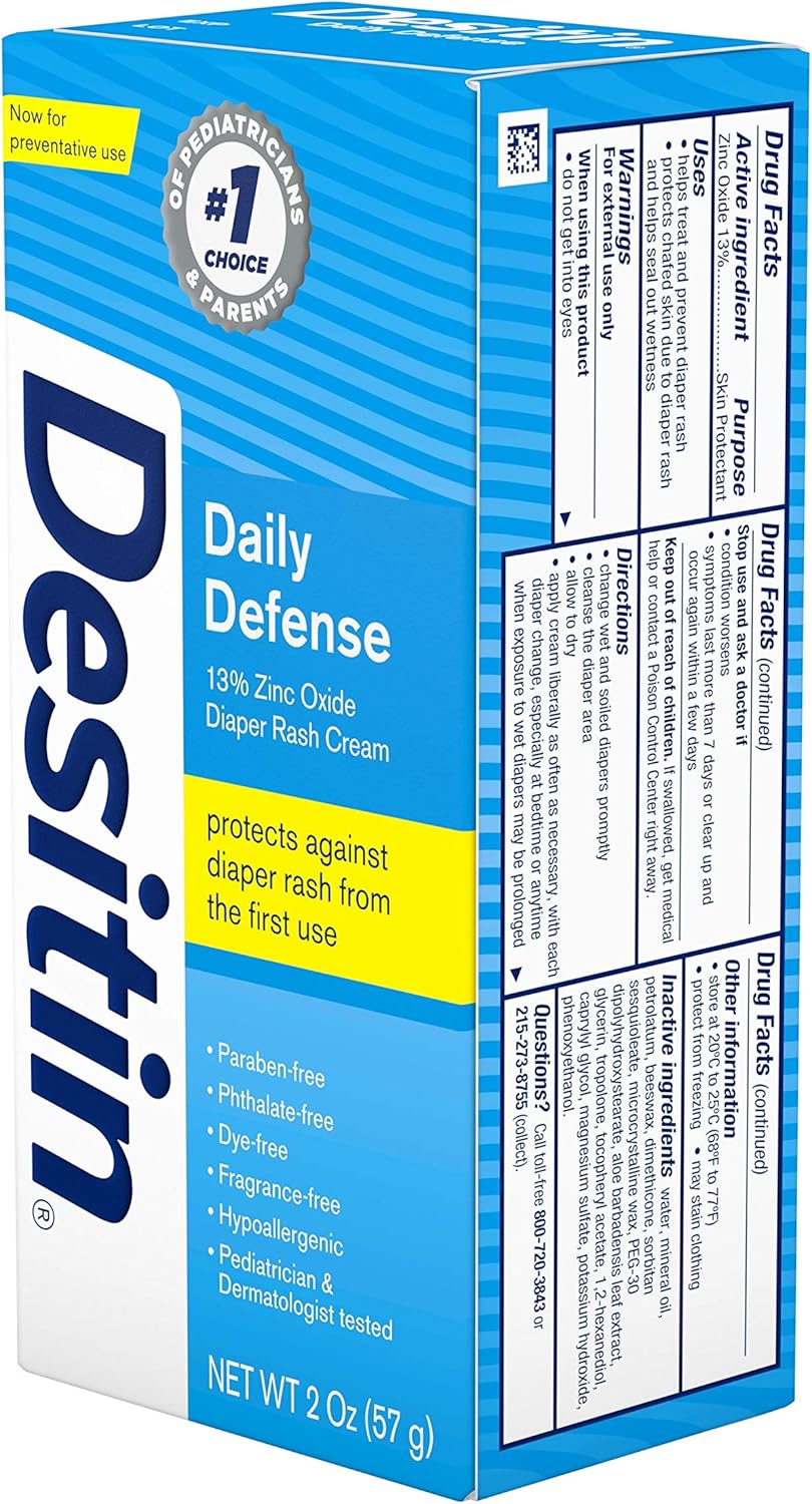 Desitin Daily Defense Baby Diaper Rash Cream with 13% Zinc Oxide Barrier Cream to Treat, Relieve & Prevent diaper rash, Hypoallergenic, Dye-, Phthalate- & Paraben-Free, Travel Size, 2 oz